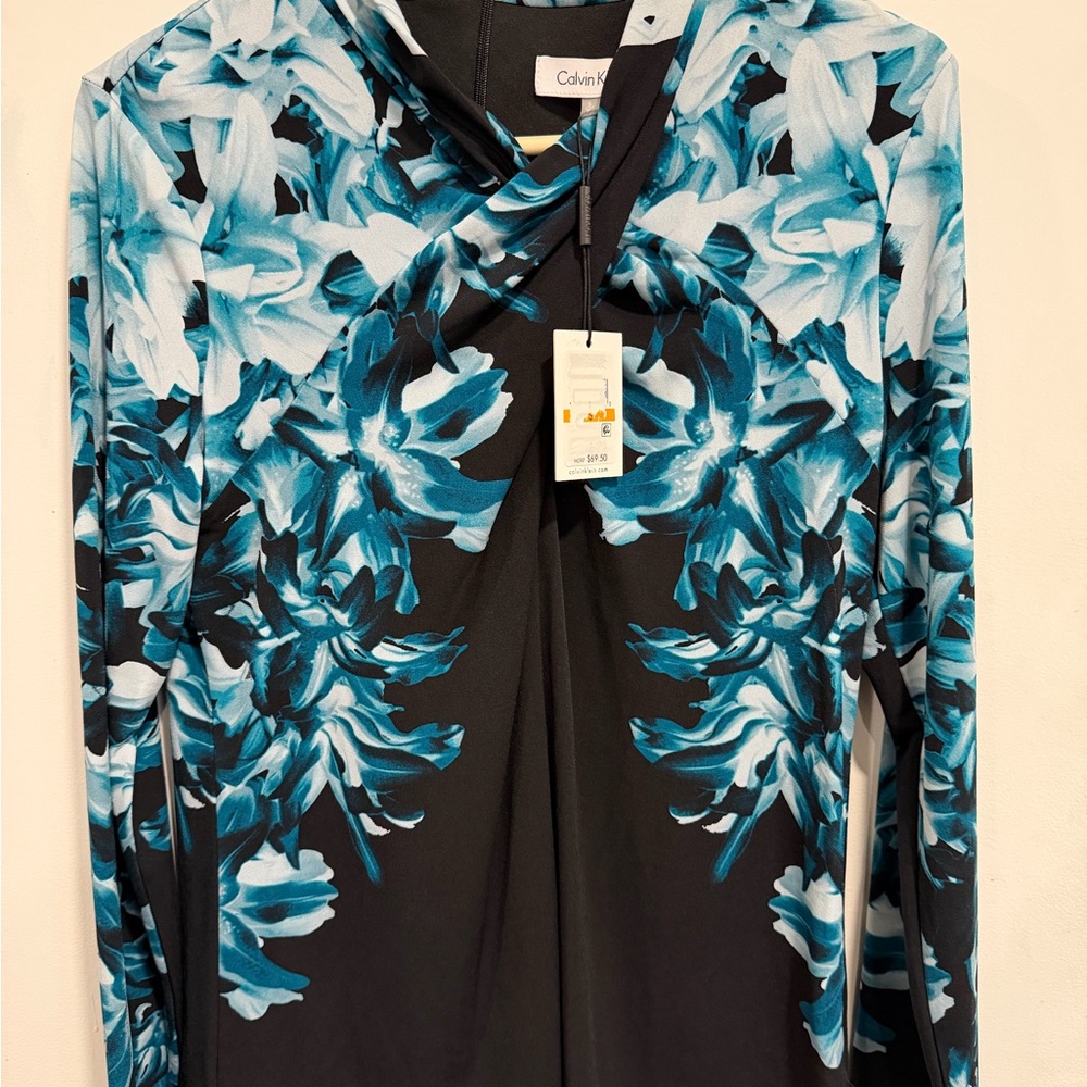 NWT Calvin Klein Teal and Black Floral Crossover Neck Top